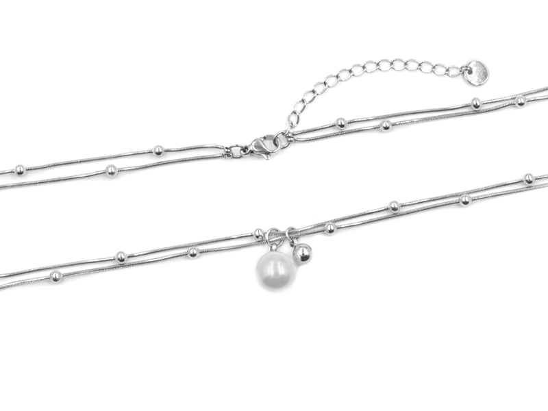 Schlangenkette mit Kugelornamenten und Perlenanhängern (41 cm + 5.0 cm) doppelreihig