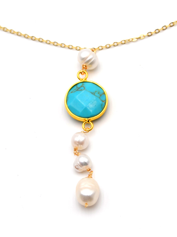 Kette mit Türkis-Stein und Süßwasserperlen (ca. 46cm)