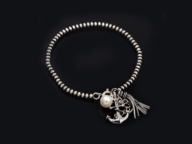 Kugelarmband mit Anhängern Anker+Perle+Silberfäden (17 cm + 3.0 cm) (2.8 mm)
