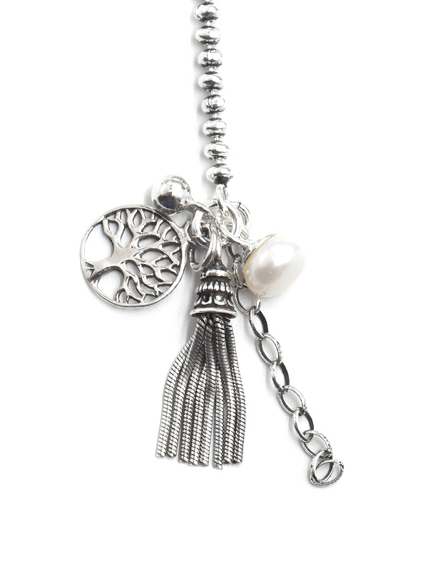 Kugelarmband mit Anhängern Baum des Lebens+Süßwasserperle+Kugel+Silberfäden (17 cm + 3.0 cm) (2.7 mm