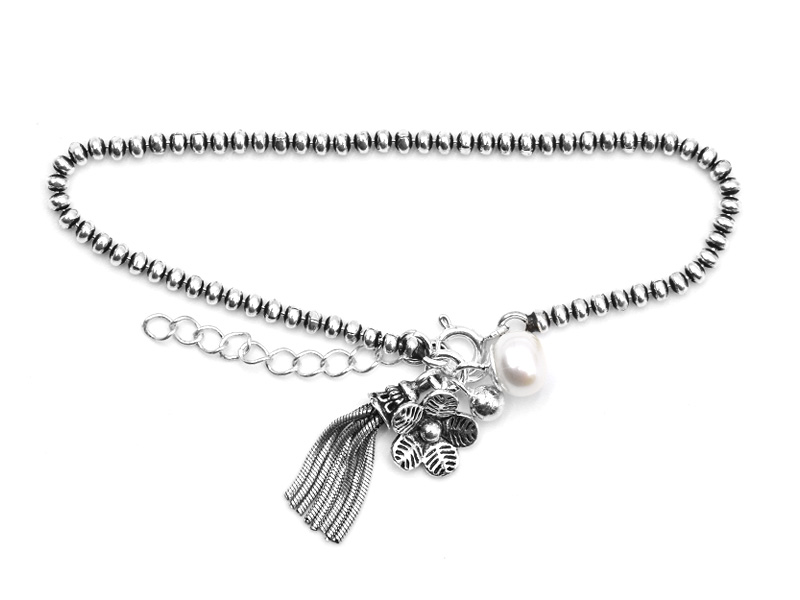 Kugelarmband mit Anhängern Blume+Perle+Silberfäden (17 cm + 3.0 cm) (2.8 mm)