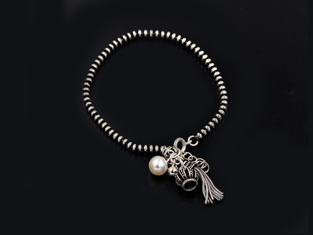 Kugelarmband mit Anhängern Krone+Perle+Silberfäden (17 cm + 3.0 cm) (2.8 mm)