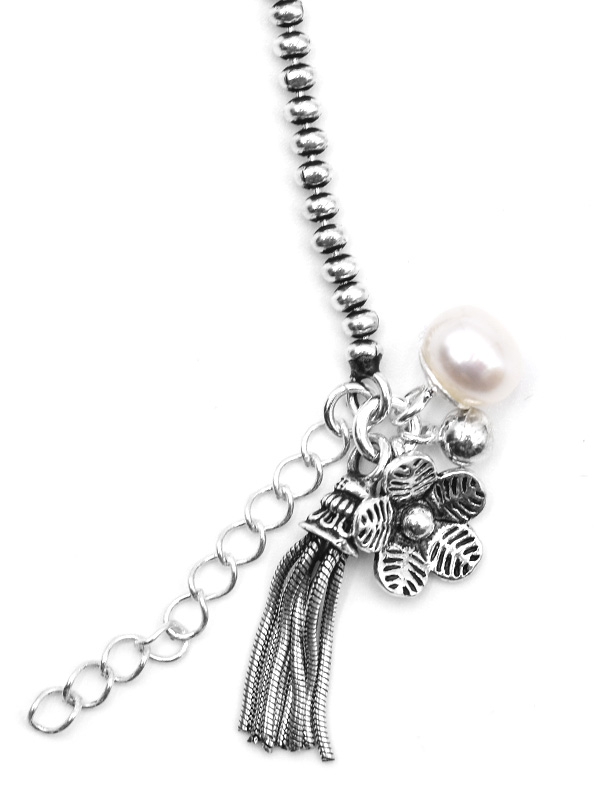 Kugelarmband mit Anhängern Blume+Perle+Silberfäden (17 cm + 3.0 cm) (2.8 mm)