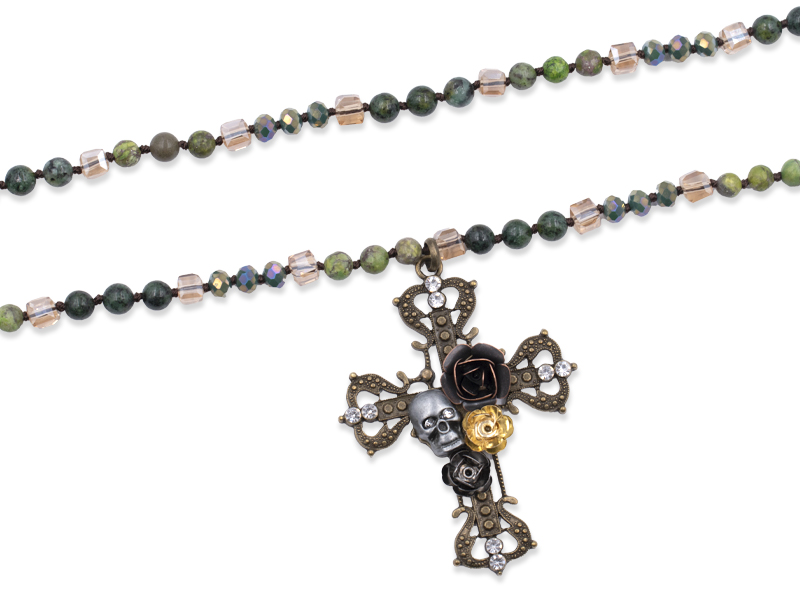 Echtsteinkette mit Glassteinen und Anhänger Kreuz (ca. 90 cm)