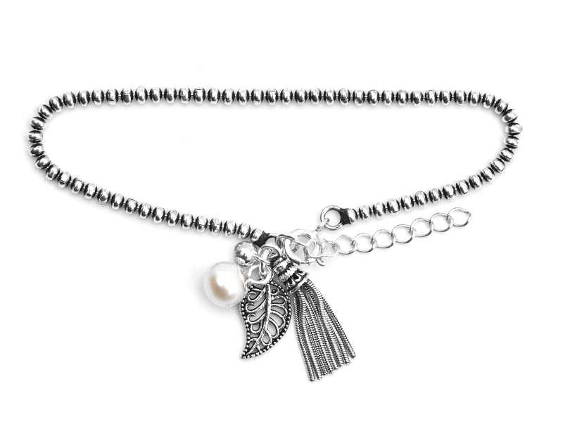 Kugelarmband mit Anhängern Blatt+Perle+Silberfäden (17 cm + 3.0 cm)