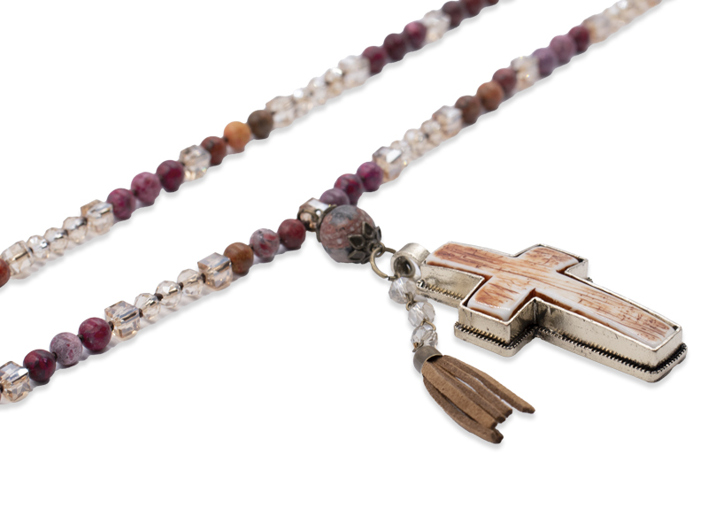 Echtsteinkette mit Glassteinen und Anhänger Kreuz (86 cm) (6.7 mm)